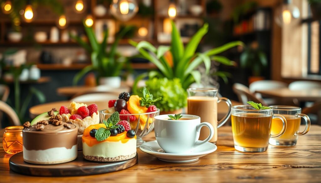 A vibrant and inviting café scene showcasing a variety of vegan options on a rustic wooden table. In the foreground, display an assortment of beautifully arranged vegan pastries, such as a rich chocolate avocado mousse, almond milk chia pudding, and a colorful fruit bowl. In the middle ground, position steaming cups of organic coffee and herbal tea, adorned with fresh mint leaves and delicate herbal garnishes. The background should feature a cozy café ambiance with warm lighting, soft bokeh from hanging pendant lights, and green plants creating a relaxed atmosphere. Capture the mood of healthfulness and inclusivity with a focus on bright, natural colors and inviting textures that emphasize the delicious and nutritious nature of vegan options.