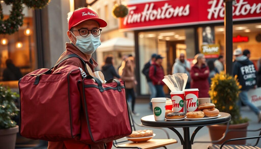A vibrant and inviting scene depicting a Tim Hortons delivery in a cozy urban setting. In the foreground, a delivery person in a Tim Hortons uniform cheerfully carries a large insulated thermal bag filled with hot coffee and pastries, wearing a mask for safety. In the middle of the image, a small outdoor café table is adorned with several freshly brewed coffee cups and a diverse selection of donuts, showcasing the brand's popular items. The background features a bustling street with a Tim Hortons storefront, vibrant with customers enjoying their drinks and pastries. The warm morning light casts a soft glow over the scene, creating a friendly and welcoming atmosphere, ideal for coffee lovers.