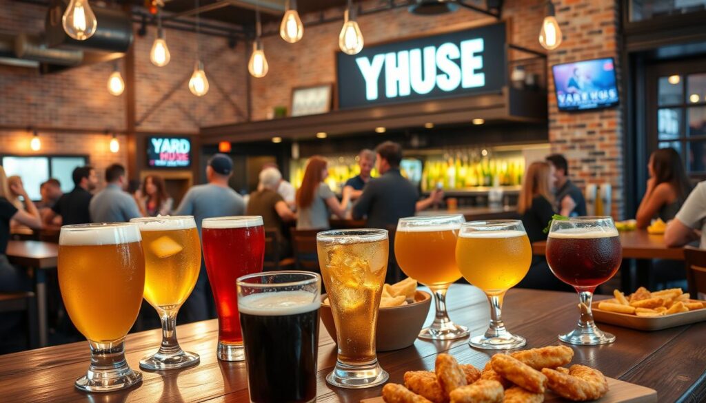 A vibrant and lively scene at a Yard House restaurant, with a focus on the happy hour drinks and deals. In the foreground, an array of craft beers, cocktails, and appetizers are displayed on a wooden table, with condensation glistening on the glasses. The middle ground features a bustling bar area, with bartenders skillfully mixing drinks and patrons chatting animatedly. The background showcases the modern, industrial-chic decor of the Yard House, with exposed brick walls, hanging Edison bulbs, and a warm, inviting atmosphere. Soft, diffused lighting casts a cozy glow over the entire scene, creating a welcoming and relaxed ambiance for the happy hour crowd.