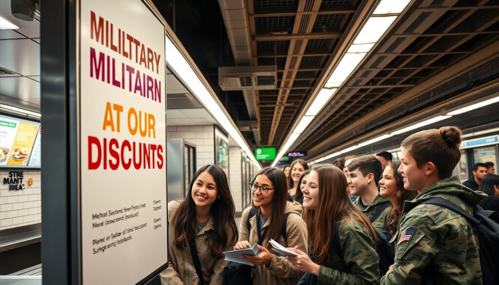 A vibrant and well-lit subway station interior, featuring a prominent sign showcasing &amp;amp;quot;Military and Student Discounts&amp;amp;quot; for a Subway restaurant. The foreground showcases a group of young adult students and military personnel examining the sign and menu, their expressions conveying interest and enthusiasm. The middle ground depicts the clean and modern Subway decor, with stainless steel counters and subway tile accents. The background features the bustling activity of a subway platform, with commuters passing by. The lighting is warm and inviting, creating a welcoming atmosphere. The overall scene highlights the accessibility and convenience of the Subway Military and Student Discounts, set against the dynamic backdrop of a thriving urban transportation hub.