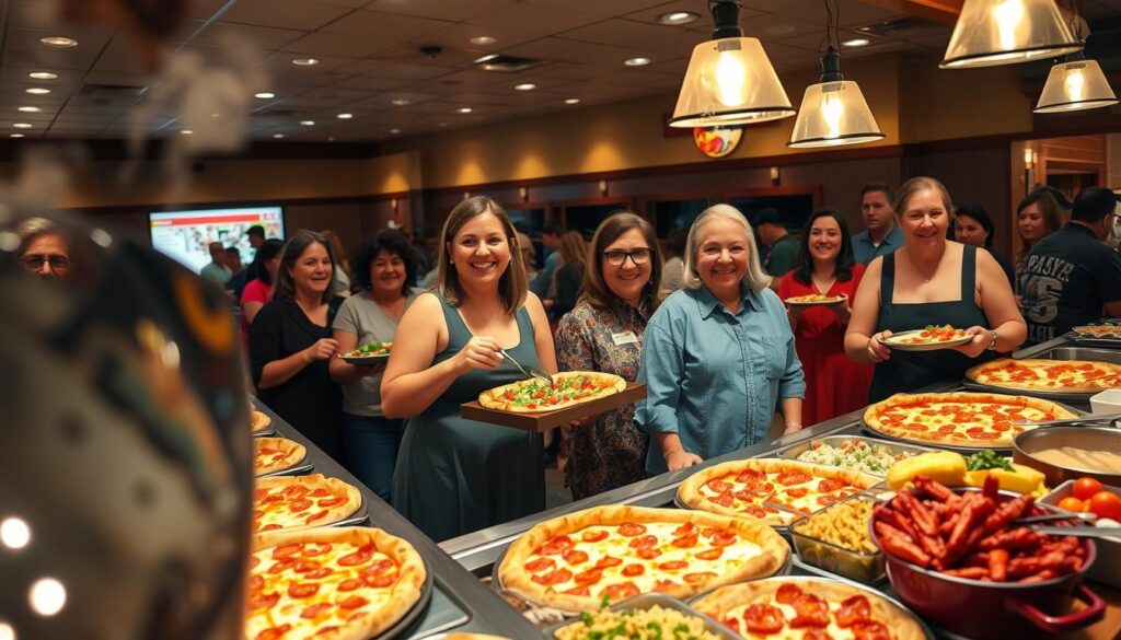 A vibrant buffet scene at Pizza Ranch, showcasing a diverse array of delicious food options, including steaming pizzas, fresh salads, and hearty sides in abundance. The foreground features a beautifully arranged buffet table, laden with colorful dishes and enticing aromas, inviting diners to explore the variety. In the middle ground, cheerful patrons dressed in casual, modest outfits are engaged in selecting their meals, with bright smiles and animated expressions reflecting the joy of dining. The background shows warm, inviting restaurant decor, illuminated by soft, ambient lighting. Capture the bustling atmosphere of a community gathering over food, with a focus on the enticing buffet selection and the joyful experience of "buffet your way." Utilize a wide-angle lens to enhance depth and richness in the scene. The overall mood should be warm and inviting, emphasizing community and comfort. A vibrant buffet scene at Pizza Ranch, showcasing a diverse array of delicious food options, including steaming pizzas, fresh salads, and hearty sides in abundance. The foreground features a beautifully arranged buffet table, laden with colorful dishes and enticing aromas, inviting diners to explore the variety. In the middle ground, cheerful patrons dressed in casual, modest outfits are engaged in selecting their meals, with bright smiles and animated expressions reflecting the joy of dining. The background shows warm, inviting restaurant decor, illuminated by soft, ambient lighting. Capture the bustling atmosphere of a community gathering over food, with a focus on the enticing buffet selection and the joyful experience of "buffet your way." Utilize a wide-angle lens to enhance depth and richness in the scene. The overall mood should be warm and inviting, emphasizing community and comfort.