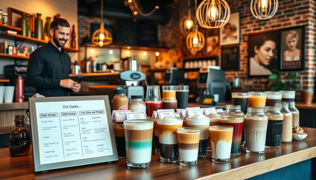 A vibrant, cozy coffee shop interior featuring a diverse array of colorful drink customization options spread elegantly on a wooden countertop. In the foreground, a sleek menu board displays various flavor syrups, dairy alternatives, and toppings in neat jars, with attractive labels highlighting their unique characteristics. To the left, a friendly barista in a fitted uniform assists a customer, showcasing a selection of drink styles. The middle section of the image includes an inviting display of layered beverages in clear cups, showcasing the enticing colors of each drink. The background reveals a warm atmosphere with soft, ambient lighting from vintage-style pendant lights and exposed brick walls adorned with artwork. The overall mood is inviting and dynamic, portraying an engaging coffee experience.