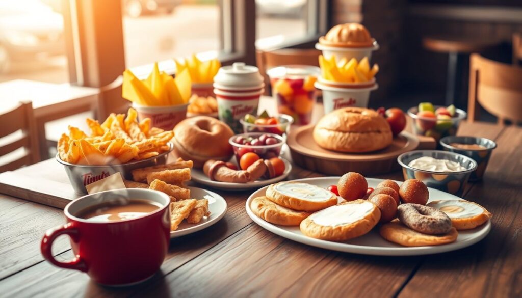 A vibrant display of Tim Hortons breakfast sides and snacks, featuring golden hash browns, warm buttered croissants, and a variety of colorful fruit cups arranged on a rustic wooden table. In the foreground, a steaming cup of hot coffee sits alongside a neatly arranged plate of bagels with cream cheese and an array of delightful pastries. The middle ground showcases carefully plated options like sausage links and scrambled eggs, all illuminated by soft, natural morning light streaming in from a nearby window. The background hints at a cozy café atmosphere with blurred outlines of tables and chairs, exuding a welcoming and cheerful morning vibe, perfect for starting the day right. The image should have a warm tone, highlighting the deliciousness and freshness of the breakfast items, without any text or overlays.