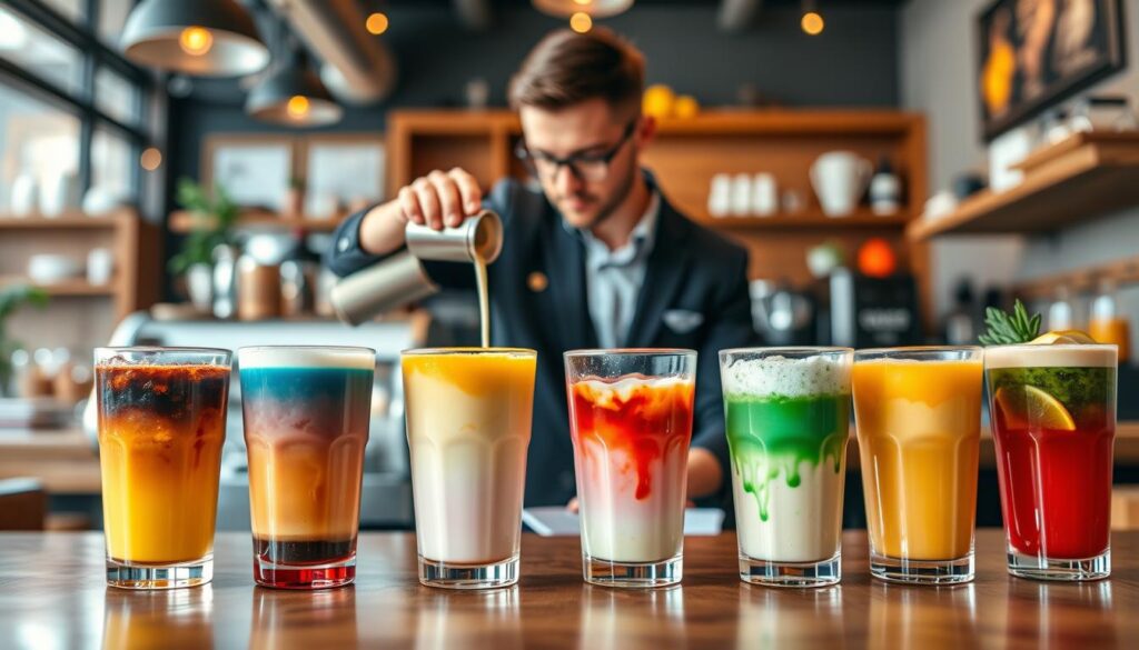 A vibrant, enticing display of unique drink flavor combinations from a coffee shop menu. In the foreground, a beautifully crafted table is adorned with colorful drinks in clear cups, each showcasing distinct layers of bright, eye-catching colors that represent their unique flavors—think rich espresso, creamy vanilla, and zesty citrus. In the middle, a barista in smart, casual attire prepares fresh drinks, skillfully pouring milk and syrup, their focused expression conveying passion for their craft. The background features a stylish cafe ambiance with warm lighting and wooden decor, creating a cozy atmosphere. The scene is captured with a shallow depth of field, emphasizing the drinks and the barista, while soft bokeh blurs the background slightly. The overall mood is lively and inviting, perfect for showcasing innovative beverage experiences.
