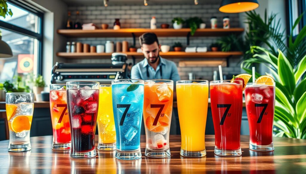 A vibrant, inviting coffee shop scene showcasing the "7 ENERGY" menu items. In the foreground, a trendy table adorned with colorful, fizzy beverage options in clear glasses, with ice and fresh fruit garnishes, reflecting sunlight. Brightly colored energy drinks infused with natural ingredients like berries and citrus fizz bubble enticingly. The middle layer features a stylish barista in smart casual attire, skillfully preparing drinks, with an espresso machine and style elements like wooden shelves filled with fresh ingredients. In the background, warm, ambient lighting glows, enhancing a cozy atmosphere, while lively green plants add a touch of freshness. The overall mood is energetic and refreshing, perfect for a health-conscious audience enjoying a sunny day.