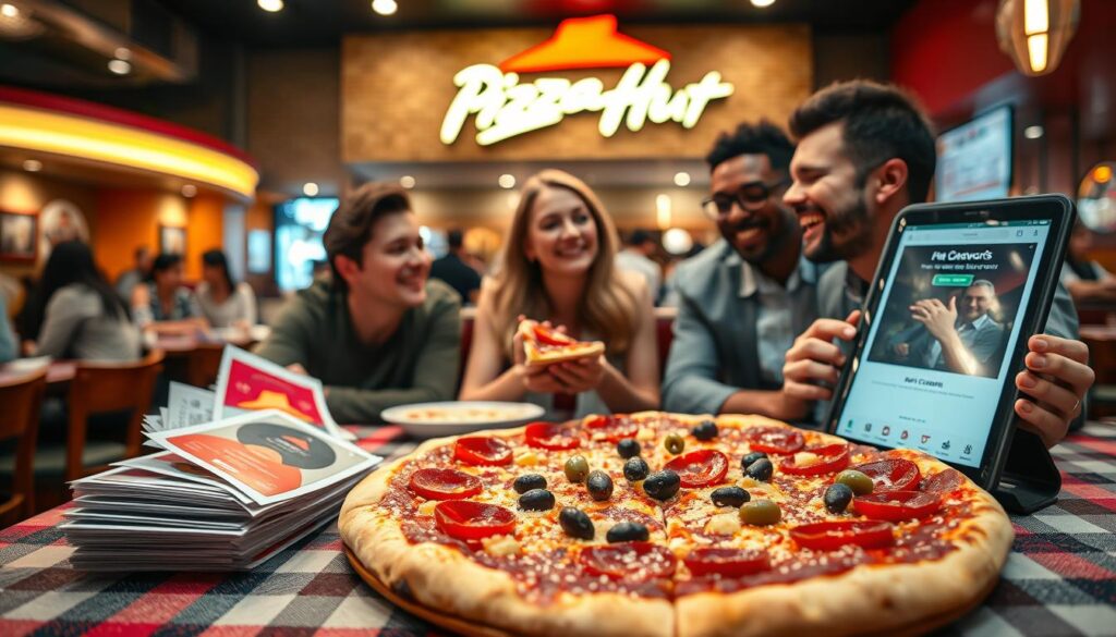 A vibrant, inviting restaurant scene showcasing a bustling Pizza Hut during a promotional event. In the foreground, a large, delicious pizza topped with pepperoni, bell peppers, and olives, sprinkled with cheese, rests on a plaid tablecloth. To the side, a stack of colorful coupons and a tablet displaying the Hut Rewards app glimmer under warm, soft lighting. In the middle, a diverse group of three friends—two men and one woman—laugh and share a slice, dressed in smart-casual attire. The background features the iconic Pizza Hut logo glowing above the entrance, with customers enjoying their meals in a cozy ambiance. The composition captures a sense of community and excitement, highlighting savings and special offers in a lively, appetizing atmosphere.