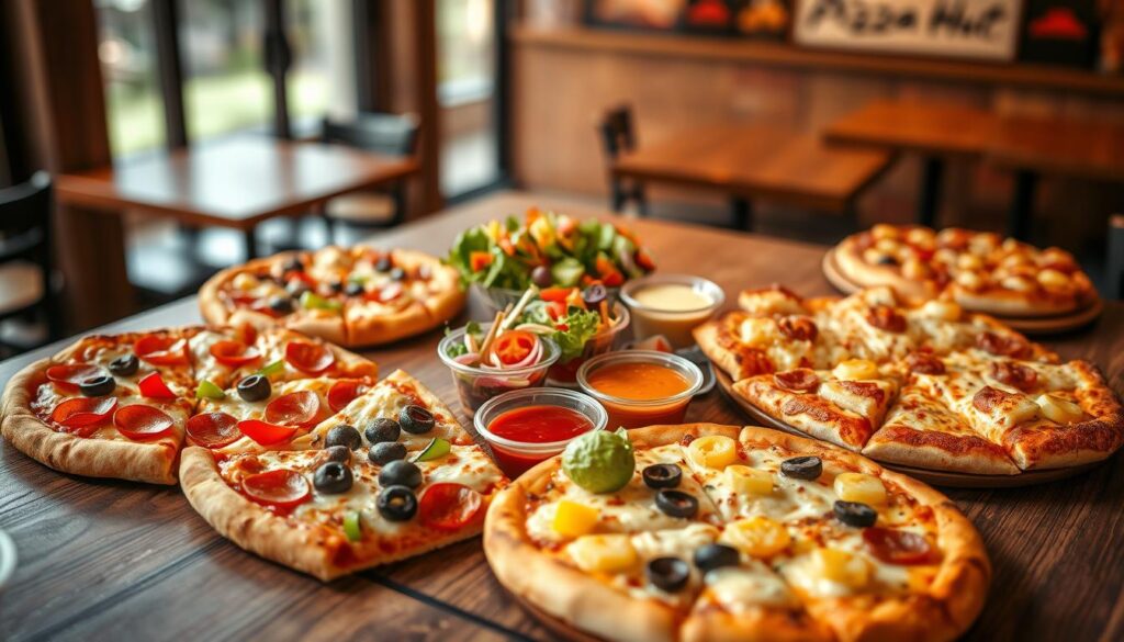 A vibrant, mouthwatering presentation of various mix-and-match pizza combos arranged aesthetically on a rustic wooden table. In the foreground, show different pizza slices with unique toppings like pepperoni, bell peppers, olives, and pineapples, some on classic crusts and others on stuffed crusts. The middle should feature a colorful salad and dipping sauces elegantly placed beside the pizzas, evoking a casual dining atmosphere. In the background, subtle hints of a cozy Pizza Hut restaurant setting, such as tasteful lighting and blurred tables, create a warm mood. Use soft, natural lighting for an inviting look, with a shallow depth of field to focus on the delicious food while adding a hint of warmth and comfort to the dining experience.