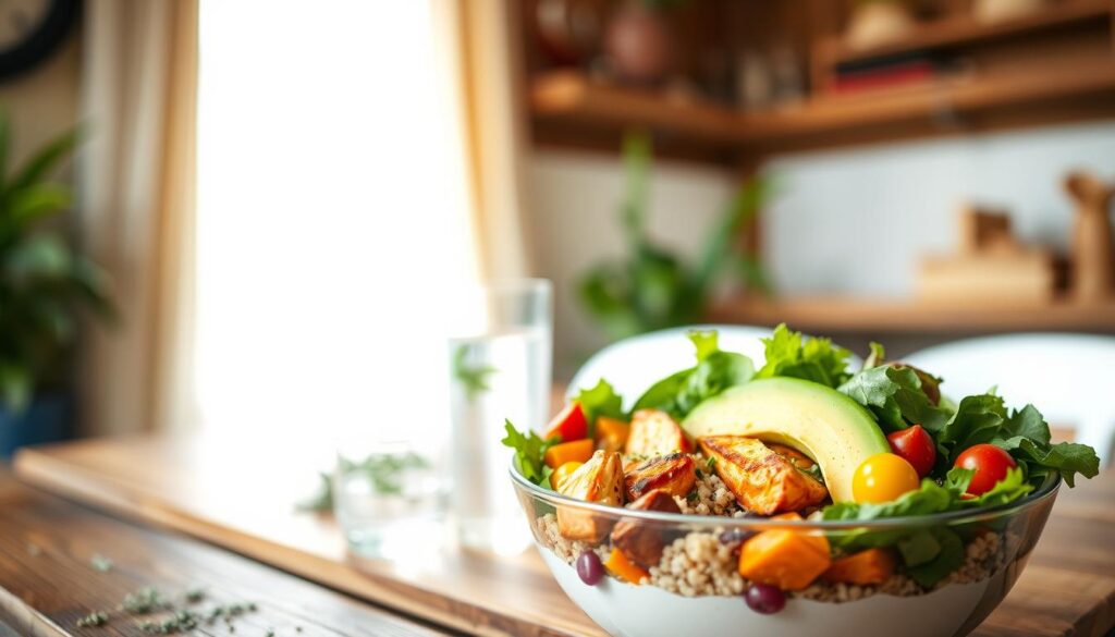 A vibrant power bowl filled with a colorful medley of fresh ingredients, placed prominently in the foreground. The bowl includes quinoa, grilled chicken, mixed greens, roasted sweet potatoes, cherry tomatoes, and avocado, all artfully arranged. The middle ground features a rustic wooden table setting with a sprinkle of herbs and a glass of infused water to enhance the healthy theme. In the background, soft natural light filters through a nearby window, creating a warm and inviting atmosphere. The focus is sharp on the bowl, with a slight blur on the background for depth. The overall mood conveys a sense of wholesome nutrition and balanced eating, ideal for a health-conscious audience.