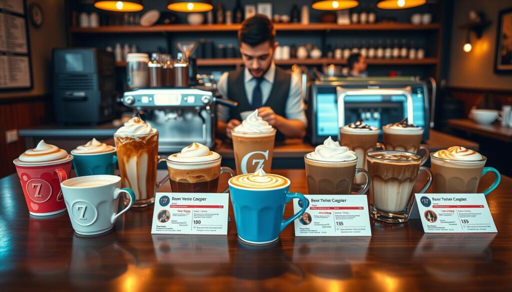 A vibrant, well-composed scene showcasing a selection of 7 Brew secret menu coffee drinks laid out on a polished wooden table. In the foreground, focus on an array of colorful coffee cups, each uniquely designed with enticing swirls of cream and froth atop. Include detailed nutritional information cards next to each drink, featuring visually appealing icons representing calories and customization options. In the middle ground, a barista in smart casual attire is preparing drinks, displaying tools like an espresso machine and frother, while an aroma of freshly brewed coffee fills the air. The background should feature a cozy coffee shop ambiance, with warm lighting that accentuates the inviting atmosphere. Capture this scene from a slightly elevated angle to convey depth and allure, making it feel both inviting and informative.