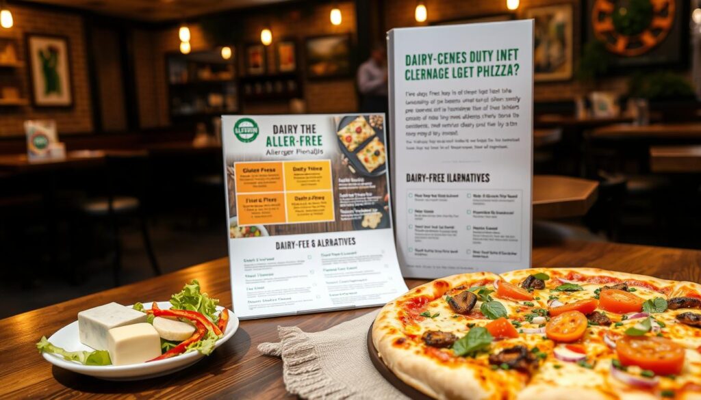 A visually appealing display of dairy-sensitive menu options from a pizza restaurant, showcasing a variety of allergen-friendly dishes. In the foreground, a wooden table features a delicious gluten-free pizza topped with colorful vegetables, accompanied by a vibrant salad with dairy-free dressing. To the left, a small plate of dairy-free cheese alternatives sits invitingly. The middle ground shows a well-organized menu with highlighted sections indicating allergen transparency, neatly laid out on a rustic fabric. The background features an inviting restaurant atmosphere, with soft, warm lighting illuminating the space and enhancing the cozy vibe. The image should capture a welcoming, informative ambiance, highlighting the importance of dietary considerations in a friendly, professional setting.
