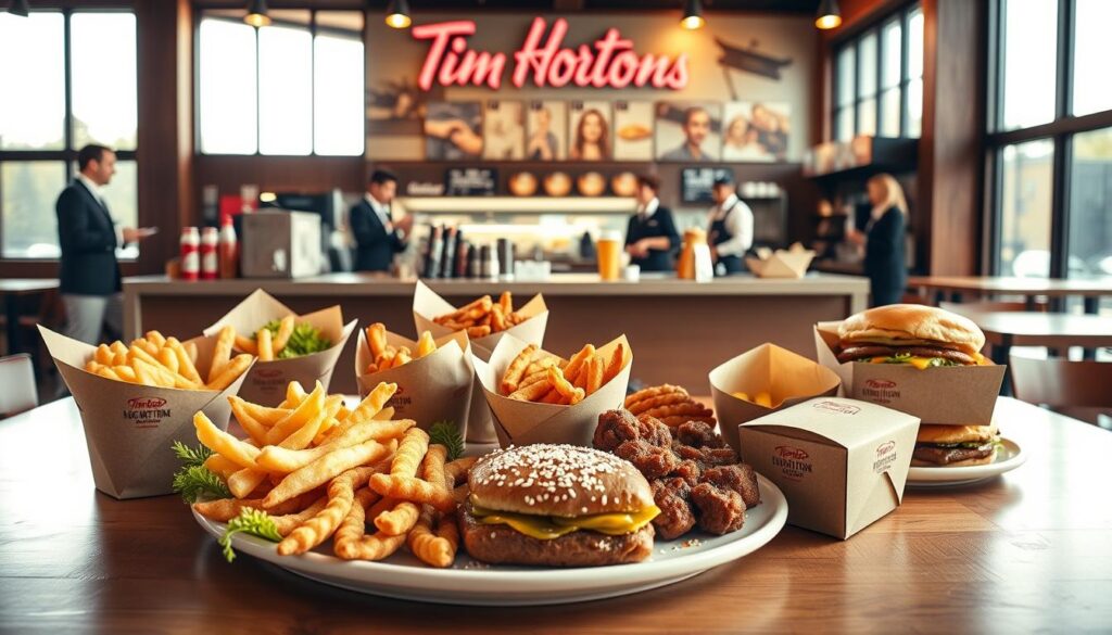 A visually appealing layout of a Tim Hortons lunch menu, showcasing regional variations including items like poutine, BeaverTails, and regional sandwiches. In the foreground, a beautifully arranged table features an enticing Platter of diverse lunch items from different regions, each presented in elegant, rustic packaging. The middle ground captures the Tim Hortons counter with friendly staff in professional attire, serving customers, contributing to a busy, community-focused atmosphere. In the background, large windows let in soft, warm sunlight, creating a cozy and inviting environment. The overall mood is cheerful and vibrant, emphasizing fresh, tasty options. Use a warm color palette and a shallow depth of field to emphasize the delicious food, ensuring no text or branding is present in the image.