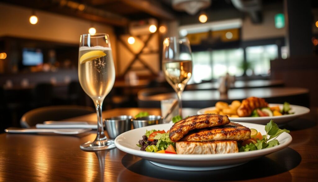 A well-lit, elegantly styled table setting showcasing a selection of low-carb dishes from the Yard House menu. In the foreground, a plate featuring a grilled protein, such as salmon or steak, accompanied by a fresh, vibrant salad with colorful veggies. In the middle ground, a glass of sparkling water with a lemon wedge, and small dishes containing low-carb condiments like olive oil and balsamic vinegar. The background features the warm, inviting atmosphere of the Yard House restaurant, with its modern, industrial-chic decor and subtle lighting that creates a relaxed, sophisticated ambiance.