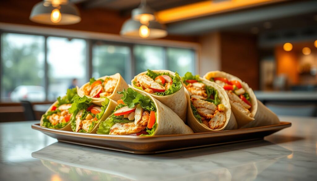 A well-lit, high-quality photograph of a selection of Subway's signature chicken wrap options presented on a clean, stylish table setting. The wraps are neatly arranged, showcasing their colorful ingredients like grilled chicken, fresh vegetables, and flavorful sauces. The lighting is warm and inviting, creating a mouthwatering atmosphere. The camera angle is slightly elevated to provide a clear, unobstructed view of the wraps, allowing the viewer to appreciate the delicious details. The background is blurred, keeping the focus on the star of the image - the tasty chicken wrap options. A well-lit, high-quality photograph of a selection of Subway's signature chicken wrap options presented on a clean, stylish table setting. The wraps are neatly arranged, showcasing their colorful ingredients like grilled chicken, fresh vegetables, and flavorful sauces. The lighting is warm and inviting, creating a mouthwatering atmosphere. The camera angle is slightly elevated to provide a clear, unobstructed view of the wraps, allowing the viewer to appreciate the delicious details. The background is blurred, keeping the focus on the star of the image - the tasty chicken wrap options.