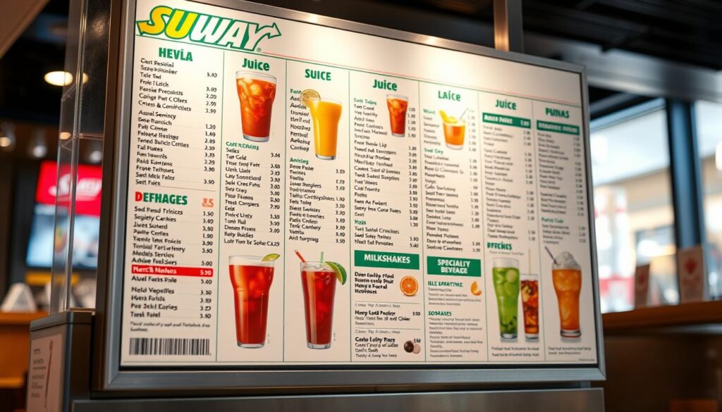A well-lit, high-resolution image of a Subway restaurant's beverage menu, captured at a medium angle. The menu displays a clean and organized layout, showcasing a variety of refreshing drink options, including sodas, juices, milkshakes, and specialty beverages. The menu is presented against a blurred, out-of-focus background, creating a sense of depth and emphasis on the detailed information. The lighting is soft and natural, highlighting the vibrant colors and typography of the menu. The overall atmosphere conveys a modern, inviting, and appetizing ambiance, perfectly suited for the &amp;amp;quot;Beverage Options and Choices&amp;amp;quot; section of the Subway menu article.