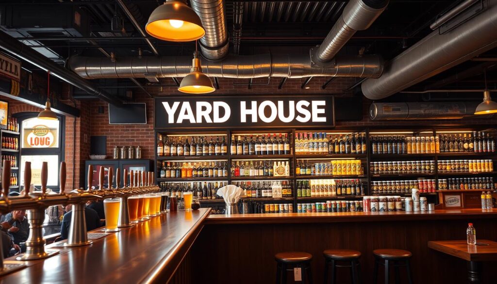 A well-lit, high-resolution image of a Yard House bar, showcasing an expansive selection of craft beers. The foreground features a long wooden bar with a variety of beer taps and glassware, bathed in warm, ambient lighting. The middle ground displays an array of bottled and canned beers neatly organized on shelves, highlighting the diverse styles and breweries. The background reveals the Yard House's signature industrial-chic decor, with exposed brick walls, pendant lighting, and wooden accents, creating a cozy, inviting atmosphere for beer enthusiasts. The composition emphasizes the breadth and quality of the Yard House's beer menu, enticing the viewer to explore and discover new favorite brews.