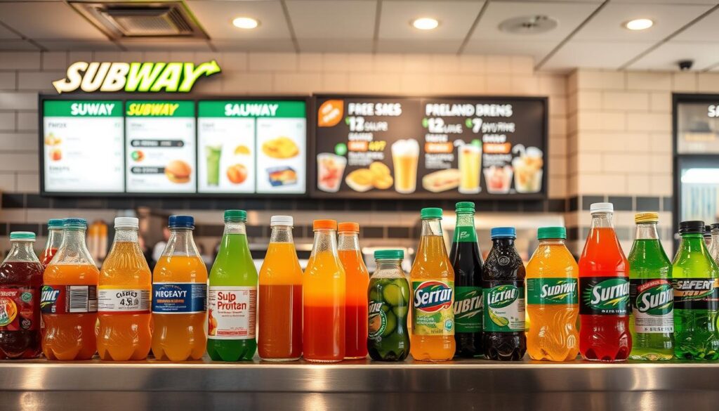 A well-lit, high-resolution image of a display of various beverage choices at a Subway restaurant counter. The foreground features a variety of bottled and canned drinks, including sodas, juices, and water, neatly arranged on a clean, stainless steel surface. The middle ground shows the Subway menu board showcasing the different beverage options available. The background depicts the familiar Subway restaurant interior, with its warm lighting, tiled walls, and clean, modern aesthetic. The overall atmosphere is inviting and appetizing, highlighting the diverse and refreshing beverage selection that Subway offers to its customers. A well-lit, high-resolution image of a display of various beverage choices at a Subway restaurant counter. The foreground features a variety of bottled and canned drinks, including sodas, juices, and water, neatly arranged on a clean, stainless steel surface. The middle ground shows the Subway menu board showcasing the different beverage options available. The background depicts the familiar Subway restaurant interior, with its warm lighting, tiled walls, and clean, modern aesthetic. The overall atmosphere is inviting and appetizing, highlighting the diverse and refreshing beverage selection that Subway offers to its customers.