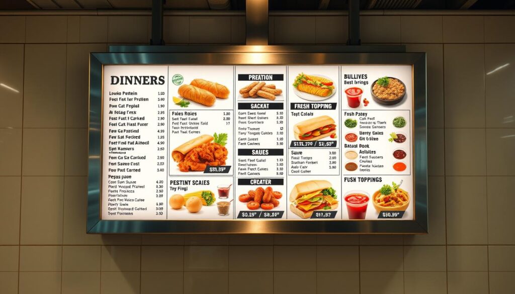A well-lit, high-resolution image of a modern subway-style dinner menu board showcasing customizable dinner options. The menu features a variety of protein choices, fresh veggie toppings, and a selection of sauces and condiments, allowing customers to build their perfect subway-style dinner meal. The menu is displayed on a sleek, stainless steel board with bold, easy-to-read typography. The lighting is warm and inviting, creating a cozy, restaurant-like atmosphere. The overall composition places the menu board as the focal point, with a blurred background hinting at the urban subway setting. The image conveys a sense of creativity, choice, and mouthwatering dinner possibilities.