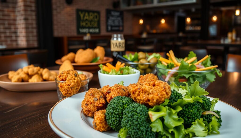 A well-lit, high-resolution photograph of a table at Yard House restaurant, showcasing various vegan menu items. In the foreground, a plate of Gardein™ crispy chicken tenders, accompanied by a side of steamed broccoli and a fresh garden salad with a plant-based dressing. In the middle ground, a selection of appetizers, including a platter of crispy cauliflower bites and a bowl of edamame. The background features the restaurant's signature industrial-chic decor, with exposed brick walls and a cozy, inviting atmosphere. The image conveys a sense of healthy, sustainable dining options available at Yard House.