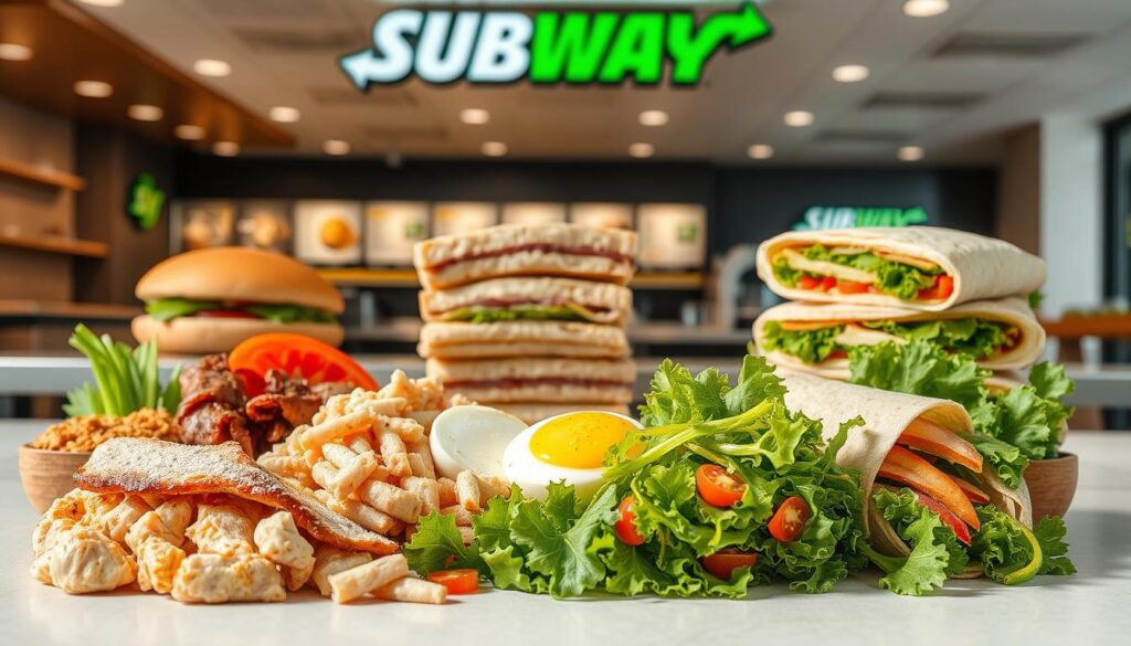A well-lit, visually appealing display of various protein-rich menu options from Subway. In the foreground, a selection of fresh, high-quality ingredients such as grilled chicken, roast beef, tuna, and eggs are artfully arranged on a clean, minimalist background. The middle ground features neatly stacked whole-grain breads, wraps, and salad greens, suggesting a variety of healthy base options. In the background, a sleek, modern Subway restaurant interior with clean lines and neutral tones provides a sophisticated, appetizing setting. The overall composition conveys a sense of nutritious, customizable meal options that cater to an active, health-conscious lifestyle.