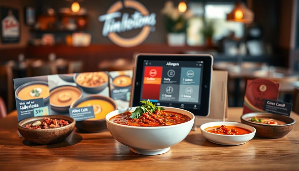 A well-organized display of Tim Hortons' allergen information for soups, chili, and hot foods, set on a clean wooden table. In the foreground, showcase a beautifully arranged bowl of steaming chili, garnished with fresh herbs. Surround the bowl with vibrant visuals of various soup options in rustic bowls, each labeled with elegant, minimalist icons representing different allergens like gluten, dairy, and nuts. The middle ground features a sleek, digital tablet displaying a user-friendly interface with allergen information, all against a blurred background of a cozy Tim Hortons café atmosphere with warm lighting. Captured with a 50mm lens, emphasizing depth of field, the ambiance should evoke a welcoming and informative mood, perfect for food safety awareness.
