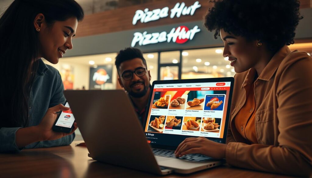 A well-organized pizza ordering scene featuring a diverse group of three people in casual but presentable clothing, intently discussing how to order wings from Pizza Hut. In the foreground, a laptop displays the Pizza Hut website with a colorful wings menu, showcasing various flavors like buffalo, barbecue, and garlic parmesan. To the left, a smartphone shows the Pizza Hut app in use, highlighting an enticing deal for wings. In the background, a Pizza Hut storefront can be seen, welcoming customers with bright, inviting lights. The setting is warm and cozy, conveying a friendly atmosphere. Soft lighting creates a vibrant yet relaxed mood, emphasizing the excitement of choosing delicious wings. The angle captures the dynamics of the group, encouraging an engaging and informative feel.