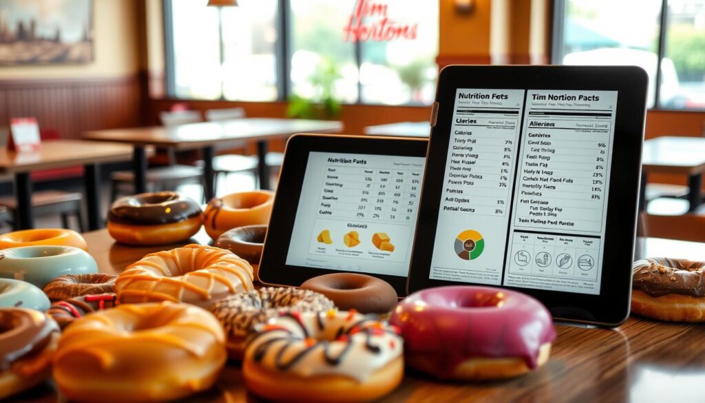 A well-organized table featuring a selection of Tim Hortons donuts, each labeled with vivid nutritional information such as calories, fat, sugars, and allergens. The foreground showcases a vibrant assortment of colorful donuts in varying shapes, including classic honey-glazed, chocolate-frosted, and seasonal specialties, all appealingly arranged. In the middle ground, a sleek digital tablet displays clearer nutritional charts and diagrams, with simple icons indicating allergens like nuts, gluten, and dairy. The background is a warm, inviting Tim Hortons café setting, softly lit by natural light filtering through large windows. The atmosphere is friendly and approachable, inviting readers to explore their options while maintaining a professional tone. The overall composition should encourage a sense of informed choice regarding nutrition.