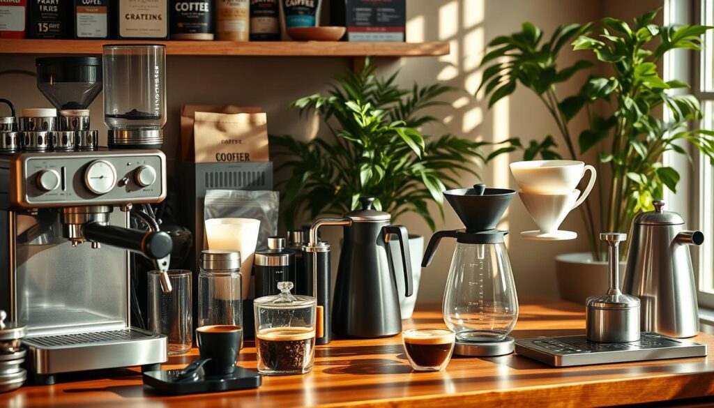 A well-stocked home barista's workstation, bathed in warm, natural lighting. In the foreground, an array of essential tools - a precision espresso machine, a sleek grinder, and a polished tamper. Interspersed are various coffee accessories, including a milk frother, a scale, and a selection of artisanal roasts. The middle ground showcases a pour-over setup, with a gooseneck kettle and a carefully-crafted ceramic dripper. In the background, a lush, green plant adds a touch of vitality, complementing the rich, wood-toned surfaces. The overall scene exudes a sense of expertise, attention to detail, and a passion for crafting the perfect cup of coffee, capturing the essence of &amp;amp;quot;Barista-Level Results&amp;amp;quot; for the at-home coffee enthusiast.
