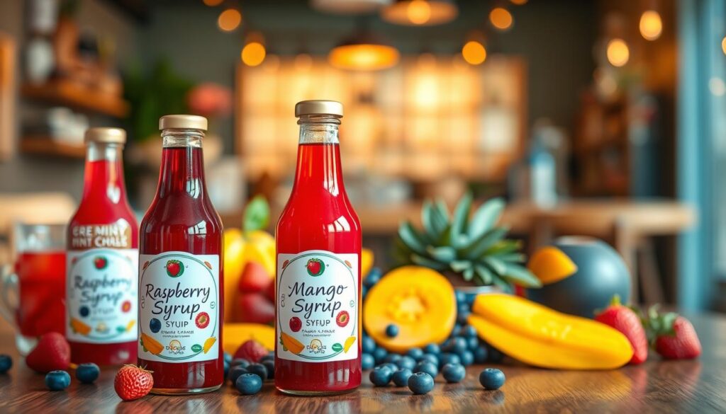 An elegant arrangement of vibrant fruit-forward syrups in glass bottles, showcasing a variety of colors and textures. In the foreground, place three meticulously labeled bottles featuring vivid raspberry, blueberry, and mango syrups, glistening under soft, natural light. The middle ground should have a wooden table adorned with fresh fruit like strawberries, blueberries, and mango slices, creating a rich, inviting atmosphere. In the background, a blurred café setting with warm golden lighting adds a cozy ambiance, hinting at a contemporary coffee shop vibe. The overall mood is cheerful and refreshing, emphasizing the enticing flavors of the syrups without any distractions or text.