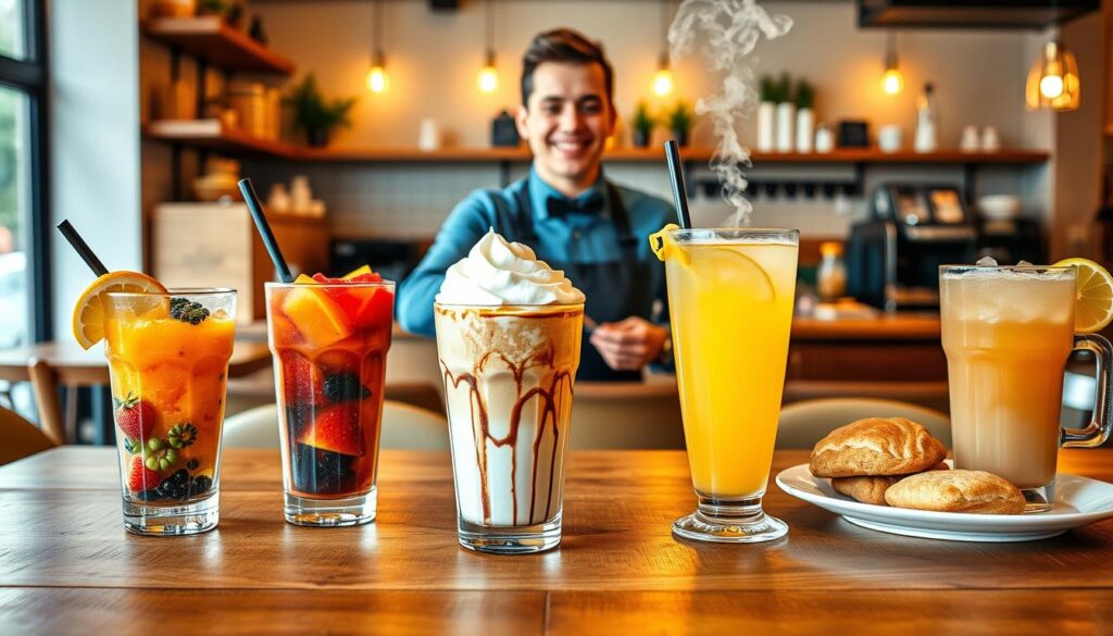An inviting coffee shop scene showcasing a vibrant array of the best items from the 7 Brew secret menu. In the foreground, a wooden table displays an artistic arrangement of drinks: a colorful fruit-infused iced coffee, a rich, creamy blended mocha topped with whipped cream, and a unique lavender lemonade. On the side, a plate of delectable pastries complements the drinks. The middle ground features a cheerful barista in a professional outfit, skillfully preparing another drink, with steam rising in the air, hinting at freshness. In the background, a cozy cafe atmosphere with soft, warm lighting and stylish decor creates a welcoming vibe. The image captures a sense of excitement and discovery, inviting viewers to explore these hidden treats.