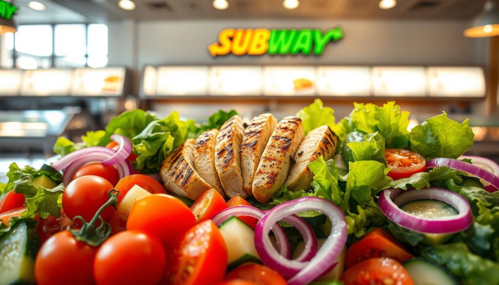 Crisp, vibrant display of fresh salad ingredients at a Subway restaurant. In the foreground, an array of colorful veggies - juicy tomatoes, crunchy cucumbers, bright red onions, and lush green lettuce. In the middle, grilled chicken breast slices sizzle under warm lighting, inviting the viewer. The background features the clean, modern Subway countertop and displays, conveying a sense of cleanliness and quality. The scene is illuminated by soft, natural light filtering through large windows, creating a welcoming, appetizing atmosphere. The composition emphasizes the freshness, variety, and culinary appeal of Subway's grilled chicken salad offerings.