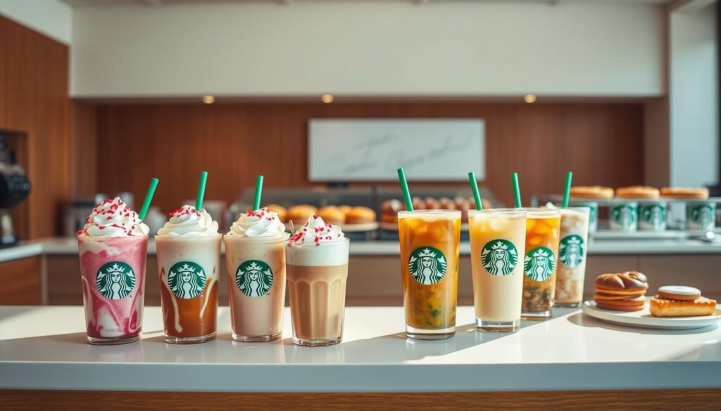 Starbucks New Menu Items Spring Summer Collection: A vibrant array of drinks and treats, beautifully displayed on a sleek, modern countertop. In the foreground, a row of colorful frappuccinos, each topped with whipped cream and a unique garnish. Behind them, a selection of refreshing iced coffees and teas, their ice cubes catching the warm, natural light flooding the scene. In the middle ground, a tempting display of baked goods, including flaky pastries and luscious cakes. The background features the clean, minimalist aesthetic of a Starbucks cafe, with warm wood tones and subtle branding elements. The overall atmosphere is one of freshness, indulgence, and the promise of a delightful Starbucks experience.