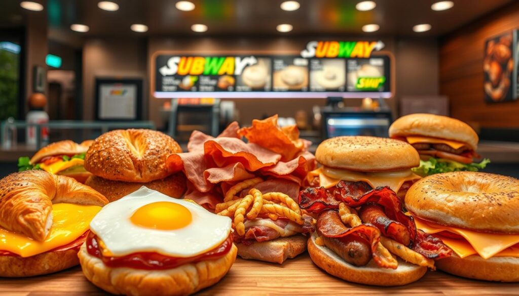 Subway Breakfast Sandwich Varieties - A mouth-watering display of fresh ingredients and tempting textures. In the foreground, an assortment of flaky croissants, toasted bagels, and soft English muffins, each crowned with a glistening egg, savory meats, and melted cheese. The middle ground showcases a variety of fillings - crisp bacon, juicy sausage, and tender ham, all carefully arranged to showcase their individual flavors. The background is a sleek, modern subway counter, bathed in warm lighting that heightens the appetizing atmosphere. The entire scene exudes an aroma of freshly baked bread and sizzling breakfast delights, inviting the viewer to indulge in the delectable Subway breakfast menu.