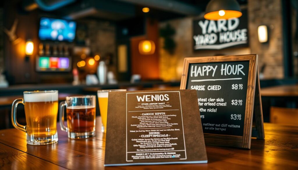 Yard House happy hour menu, prominently displayed on a wooden table with beer mugs, cocktail glasses, and a chalkboard sign showcasing the discounted items. Warm, ambient lighting illuminates the scene, creating a cozy and inviting atmosphere. The menu features a clean, modern layout with clearly defined sections for food and drink specials. A subtle, blurred background of the restaurant's interior adds depth and context to the composition. Yard House happy hour menu, prominently displayed on a wooden table with beer mugs, cocktail glasses, and a chalkboard sign showcasing the discounted items. Warm, ambient lighting illuminates the scene, creating a cozy and inviting atmosphere. The menu features a clean, modern layout with clearly defined sections for food and drink specials. A subtle, blurred background of the restaurant's interior adds depth and context to the composition.