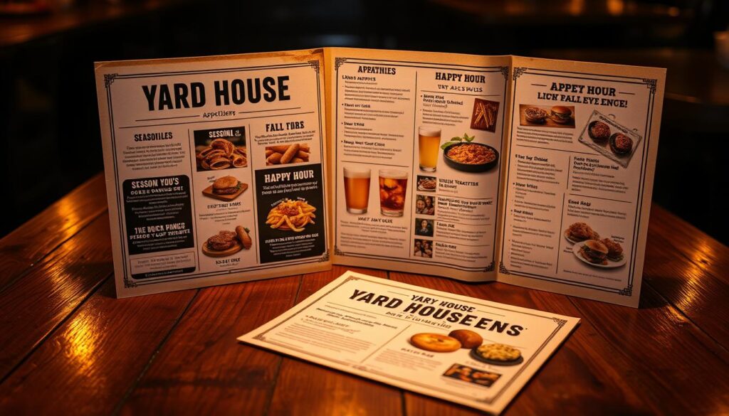 Yard House menu displayed on a rustic wooden table, with various appetizers, drinks, and Happy Hour specials laid out. Warm, inviting lighting casts a cozy glow, highlighting the menu's seasonal offerings and special deals. Subtle reflections on the table's surface add depth and atmosphere. The composition emphasizes the variety and appeal of the Yard House menu, drawing the viewer in to explore the Happy Hour deals and promotions. A sense of casual sophistication permeates the scene, reflecting the Yard House brand.