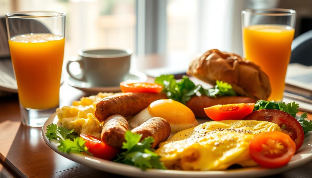 A beautifully arranged plate of a nutritious White Castle breakfast, featuring soft scrambled eggs, steamy breakfast sausage, and whole grain buns, all artfully garnished with vibrant, fresh vegetables like sliced tomatoes and leafy greens. In the foreground, display a clear glass with a refreshing orange juice, capturing the morning light, which adds a warm glow to the scene. The middle ground showcases a subtle background of a well-set table, with a cozy coffee cup and a newspaper, creating an inviting breakfast atmosphere. Soft, ambient natural light streams in from a nearby window, enhancing the colors and textures of the food. The mood is wholesome and energizing, emphasizing the health aspects of the meal, suitable for a detailed exploration of nutrition highlights and ingredient notes.