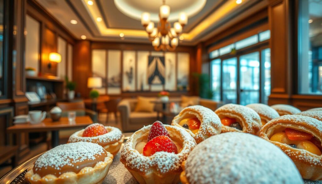 A cozy and inviting Mixue Top-Rated Tea House, bathed in warm, natural lighting. In the foreground, an arrangement of the most popular tea house treats - delicate, artfully crafted pastries, lush with fruit fillings and dusted with powdered sugar. Vibrant colors and intricate details bring these delectable confections to life. The middle ground showcases the elegant tea house interior, with polished wood furnishings, plush seating, and a backdrop of tasteful decor. The atmosphere exudes an air of tranquility and sophistication, inviting the viewer to indulge in these irresistible Mixue specialties. Captured through a medium-wide angle lens, the scene evokes a sense of comfort and temptation, perfectly capturing the essence of the &amp;amp;amp;quot;Best-Selling Mixue Treats and Customer Favorites&amp;amp;amp;quot;.