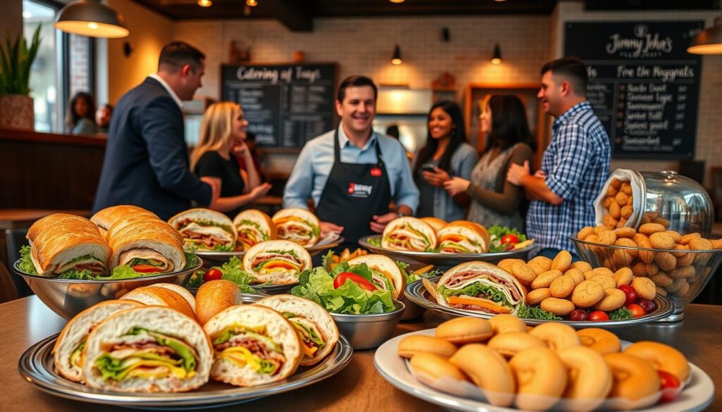 A cozy yet modern restaurant setting featuring a beautifully arranged table displaying an array of Jimmy John's catering options. In the foreground, focus on a vibrant platter filled with various sandwiches, including subs cut in half to reveal their colorful fillings, alongside fresh salads and cookies. In the middle, a friendly catering employee, dressed in professional attire, is interacting with a group of diverse clients discussing the menu options. The background showcases the restaurant’s welcoming interior with warm lighting, subtle decorations, and a chalkboard menu highlighting Jimmy John's delivery service. Capture the moment from a slightly elevated angle to emphasize the sumptuous food and engaging conversation, creating a warm and inviting atmosphere that reflects the convenience and enjoyment of ordering Jimmy John's catering.