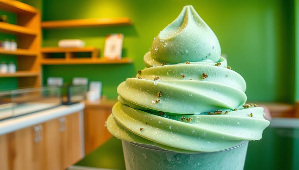 A delightful, frozen masterpiece of Mixue's Green Tea Ice Cream stands out against a bright, verdant backdrop. The ice cream's vibrant emerald hue glistens under soft, natural lighting, inviting a closer look. Atop the smooth, creamy treat, delicate swirls and specks of ground green tea leaves add a textural contrast. The scene is set in a cozy, artisanal ice cream shop, with wooden shelves and a minimalist counter framing the frozen delight. The overall atmosphere conveys a sense of high-quality, innovative indulgence - a perfect representation of Mixue's &amp;amp;amp;amp;amp;amp;amp;quot;Green Tea Ice Cream Innovation&amp;amp;amp;amp;amp;amp;amp;quot;.