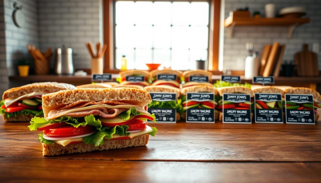 A detailed flat lay of a selection of Jimmy John's sandwiches displayed on a wooden table, highlighting their variety and nutritional information. In the foreground, focus on a fresh, colorful sandwich with layers of lean meats, fresh vegetables, and whole-grain bread, showcasing its nutritious attributes. In the middle, include a neatly arranged assortment of sandwich options labelled subtly with caloric information and healthy ingredients, using vibrant colors that enhance the visual appeal. The background should feature a rustic kitchen setting with soft, natural lighting filtering through a large window, creating a warm and inviting atmosphere. The overall mood is health-conscious and appetizing, perfect for illustrating a sandwich that supports various dietary goals.