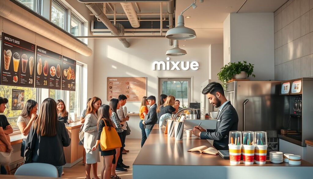 A modern and cozy Mixue ice cream parlor, the ordering process in full swing. In the bright, airy interior, customers line up at the counter, examining the colorful menu boards showcasing a variety of Mixue's signature flavors. The barista, wearing a crisp uniform, attentively takes orders, scribbling them down on cups. Soft natural light filters in through large windows, casting a warm glow over the scene. Sleek, minimalist decor and contemporary furnishings create a inviting, trendy atmosphere. In the background, the distinct hum of the ice cream machines can be heard, promising a delightful frozen treat. The overall mood is one of anticipation and delight, as customers eagerly await their personalized Mixue creations.