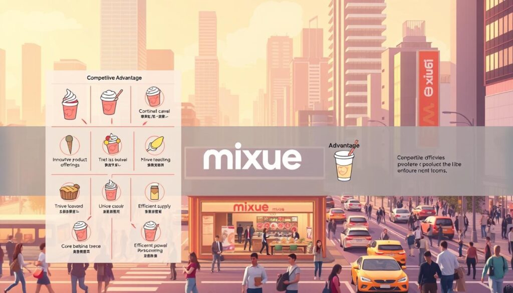 A sleek, modern illustration showcasing the competitive advantages of Mixue Ice Cream &amp;amp;amp;amp;amp; Tea. In the foreground, a detailed diagram depicts Mixue's innovative product offerings, unique flavor profiles, and streamlined supply chain. The middle ground features Mixue's recognizable branding and store design, highlighting its approachable and vibrant aesthetic. In the background, a cityscape with bustling pedestrians and traffic conveys Mixue's global expansion and widespread popularity. The overall scene is illuminated by warm, directional lighting, creating a sense of energy and dynamism. The composition is balanced and visually striking, reflecting Mixue's strategic edge over traditional ice cream and tea chains.