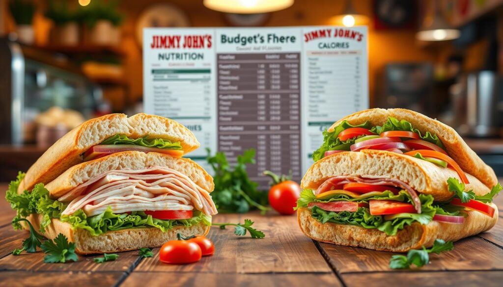A vibrant display of popular sandwiches from Jimmy John's arranged on a rustic wooden table, emphasizing their unique ingredients and calorie content. In the foreground, two sandwiches are highlighted: a turkey club and a veggie sub, each cut in half to show the colorful fillings. Fresh vegetables like lettuce, tomatoes, and peppers are scattered artfully around them. The middle ground features a nutrition chart with calorie counts subtly visible, surrounded by fresh herbs. The background is softly blurred, showing a cozy deli setting with warm lighting that creates a welcoming atmosphere. Shot with a shallow depth of field, the image captures a lively, appetizing look at healthy sandwich options, evoking a sense of budget-friendly indulgence.
