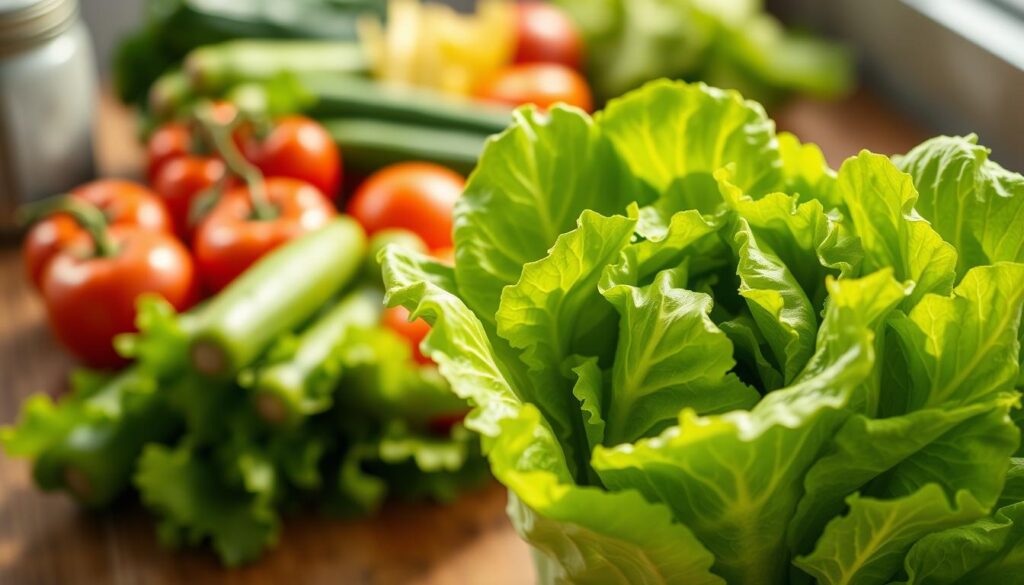 A vibrant, fresh head of lettuce, prominently displayed in the foreground, with crisp green leaves that are dewy and glistening under soft natural light. The middle ground features an array of colorful vegetables like ripe tomatoes and crunchy cucumbers, enhancing the freshness theme. In the background, a wooden table subtly complements the rustic feel while keeping the focus on the lettuce. The image is captured with a shallow depth of field, creating a slight blur around the edges to draw attention to the detail of the lettuce's texture and color gradients. The mood is inviting and wholesome, evoking a sense of healthiness and natural goodness, suitable for a dietary discussion on ingredients.