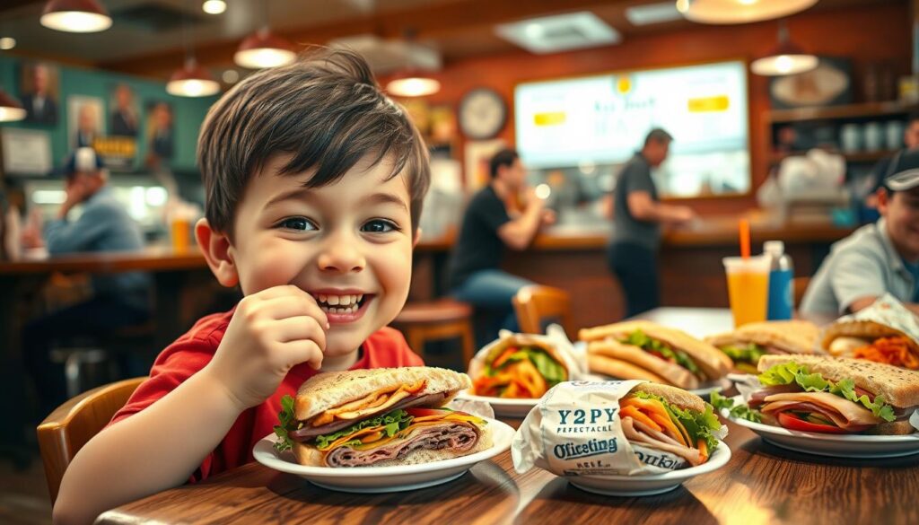 A vibrant, inviting scene featuring a cheerful child, referred to as "Little John," sitting at a wooden table in a cozy deli setting. He is enjoying a meal that showcases a variety of colorful, budget-friendly sandwiches from a prominent sandwich shop. The foreground includes a close-up of Little John's joyful expression as he takes a big bite, highlighting his innocence and excitement. In the middle ground, a spread of sandwiches and sides is artfully arranged, with fresh ingredients visible, wrapped carefully for easy sharing. The background depicts a warmly lit deli ambiance, with friendly staff and customers in the distance, all in casual attire, contributing to a lively yet relaxed atmosphere. The lighting is soft and inviting, creating a sense of comfort and satisfaction with the perfect lunchtime experience.