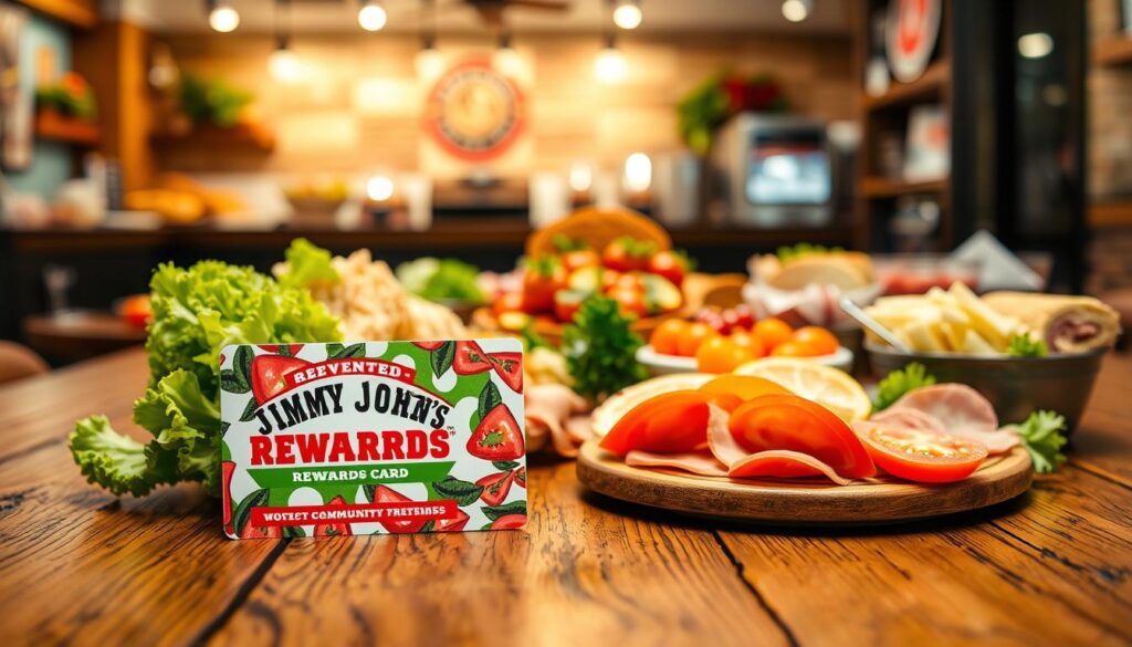 A visually appealing image that features a close-up of a vibrant Jimmy John's Rewards™ card resting on a rustic wooden table as the foreground. The card should showcase its distinctive design, highlighting the logo and rewards points, surrounded by fresh ingredients like crisp lettuce, ripe tomatoes, and slices of meats that evoke the essence of Jimmy John's offerings. In the middle ground, display a colorful catering spread of subs and sides, artistically arranged, giving a sense of abundance. The background should be softly blurred, illustrating a welcoming local store interior with warm, inviting lighting, evoking a cozy atmosphere conducive to community dining. Focus on capturing freshness and the appeal of quality ingredients, emphasizing the rewarding aspect of the dining experience at Jimmy John's.