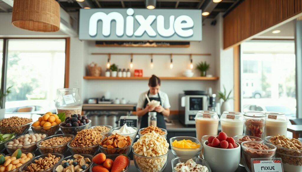 A well-lit, high-resolution image of the Mixue Ice Cream &amp;amp;amp;amp;amp;amp;amp;amp;amp;amp; Tea counter, showcasing a variety of healthier customization options. In the foreground, a clean, inviting display features an array of fresh fruit toppings, nuts, granola, and low-fat dairy options. The middle ground shows a barista meticulously assembling a customized ice cream or tea order, highlighting the care and attention to detail. The background features the warm, modern decor of the Mixue cafe, with natural lighting filtering in through large windows. The overall atmosphere conveys a sense of wellness, quality, and the ability to create a delicious, nutritious treat.