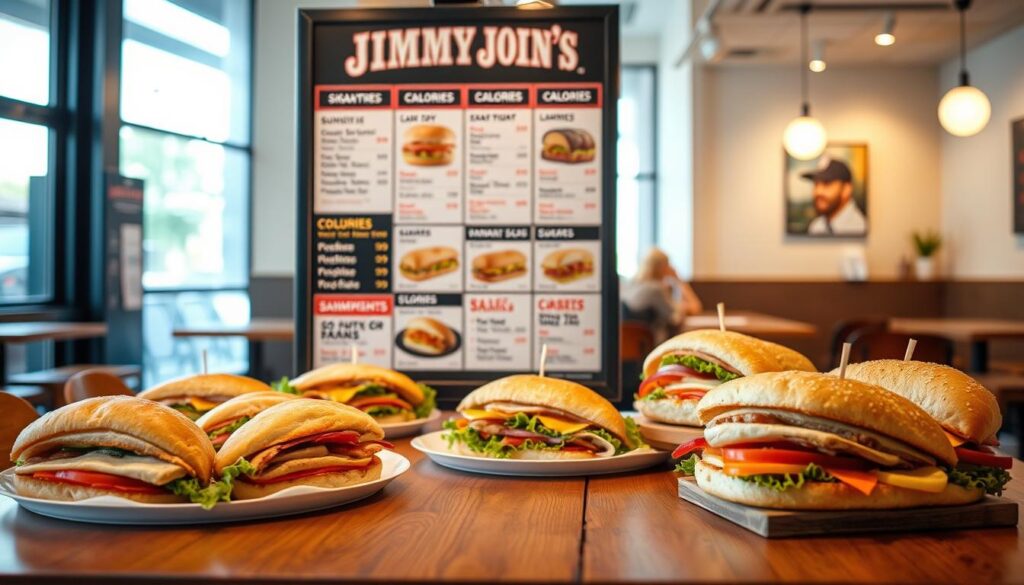 A well-organized, visually appealing menu display from Jimmy John's, showcasing various sandwich options and their associated prices in the United States. In the foreground, an inviting wooden table is set with a selection of signature sandwich platters, each beautifully arranged with fresh ingredients peeking out. The middle ground features a neatly printed menu board with colorful graphics illustrating prices, calories, and different sandwich choices. The background is softly blurred, revealing a bright and modern restaurant interior with warm lighting and minimalist decor, creating an inviting atmosphere. The image captures a sense of foodie excitement and casual dining, inviting viewers to explore the tasty offerings. The overall composition should convey a professional and appealing ambiance.