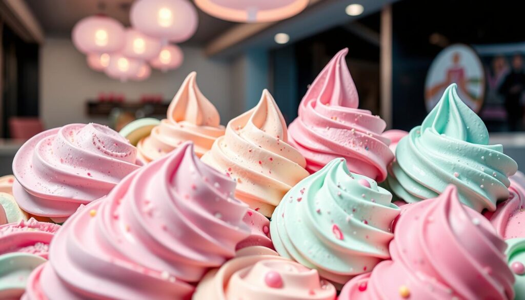 Mixue Ice Cream Seasonal Flavors: A Delightful Kaleidoscope. A vibrant display of artfully crafted ice cream scoops in a variety of seasonal flavors. Lush pastel hues of pink, mint, and lavender swirl together, creating a visually captivating arrangement. In the foreground, a selection of Mixue's signature frozen treats, each one a masterpiece of texture and taste. The middle ground showcases the vibrant colors and intricate detailing of the seasonal offerings, while the background hints at a modern, minimalist ice cream parlor setting, bathed in soft, diffused lighting that enhances the creamy, inviting appeal. This image captures the essence of Mixue's commitment to delivering budget-friendly, yet delightful, seasonal indulgences.