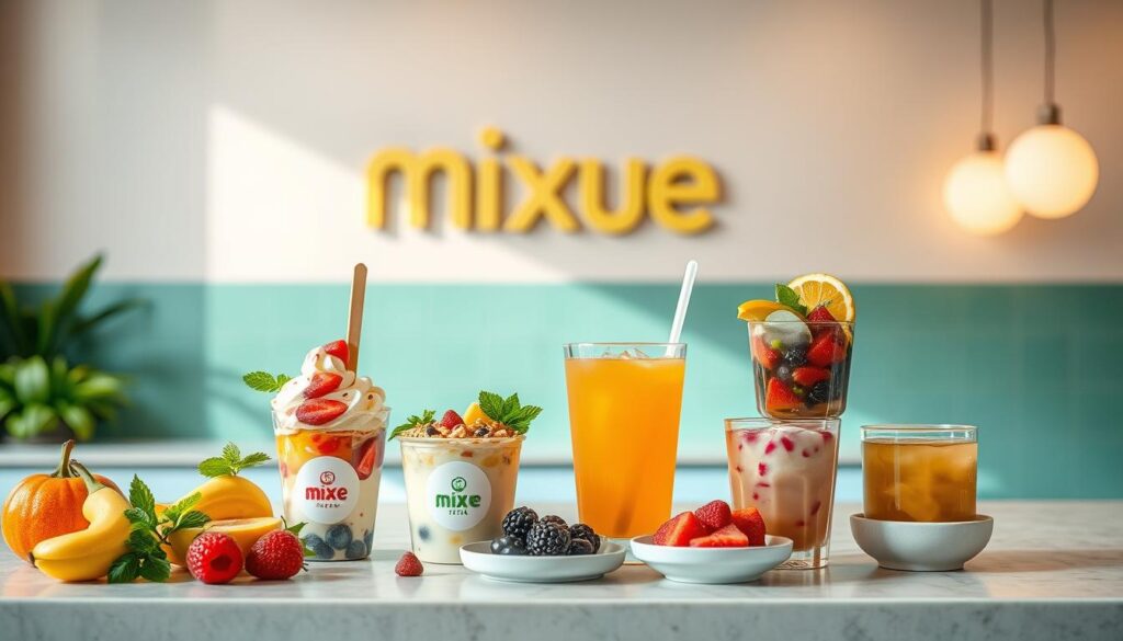 Mixue Ice Cream &amp;amp;amp;amp;amp; Tea Healthy Menu Options: A vibrant, minimalist scene showcasing a selection of Mixue's refreshing and nutritious treats. In the foreground, an assortment of ice cream cups and tea glasses with fresh fruits, vegetables, and healthy toppings. A clean, modern countertop with a Mixue logo sign in the background. Soft, natural lighting illuminates the scene, creating a calming, inviting atmosphere. The overall composition emphasizes the freshness, quality, and health-conscious nature of Mixue's menu offerings.