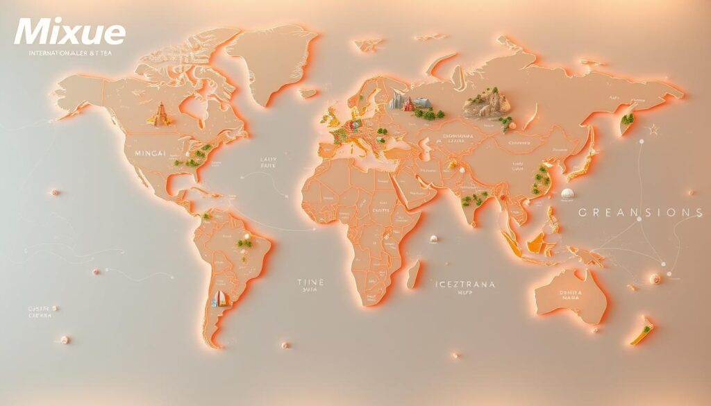 Mixue International Expansion Map, an immersive visualization showcasing the global footprint of Mixue Ice Cream &amp;amp;amp;amp;amp; Tea. Rendered in a vibrant, cartographic style, the map depicts continents and countries connected by dynamic data visualizations. Intricate details like iconic landmarks, winding roads, and bustling cityscapes create a sense of depth and realism. Soft, warm lighting illuminates the scene, casting an inviting glow that evokes the brand's delightful essence. The composition balances informative data points with an artistic aesthetic, captivating the viewer and highlighting Mixue's remarkable worldwide expansion.